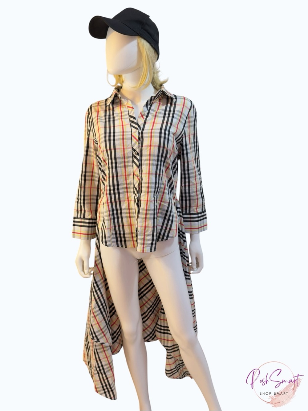 New York & Company Stretch Plaid Hi-Low Button Down Shirt Dress Beige | Size M